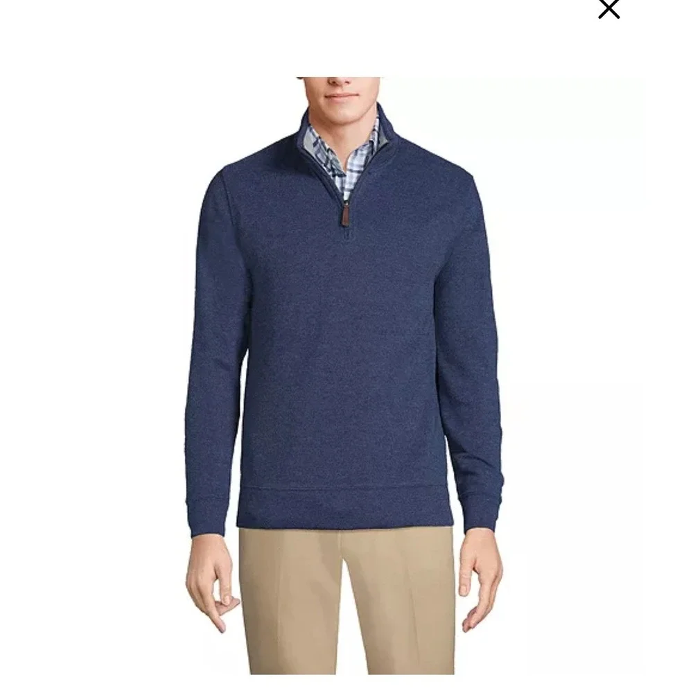 Lands End Mens 2XL Tall Navy Heather Quarter Zip Pullover Sweater Cowhide Trim